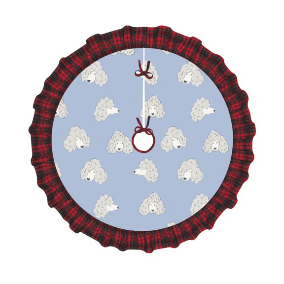 Honeii Cute Poodle Dog Pattern Christmas Tree Skirt, Christmas Ribbon Holly Winter Holiday Tree Mat Decoration-30"