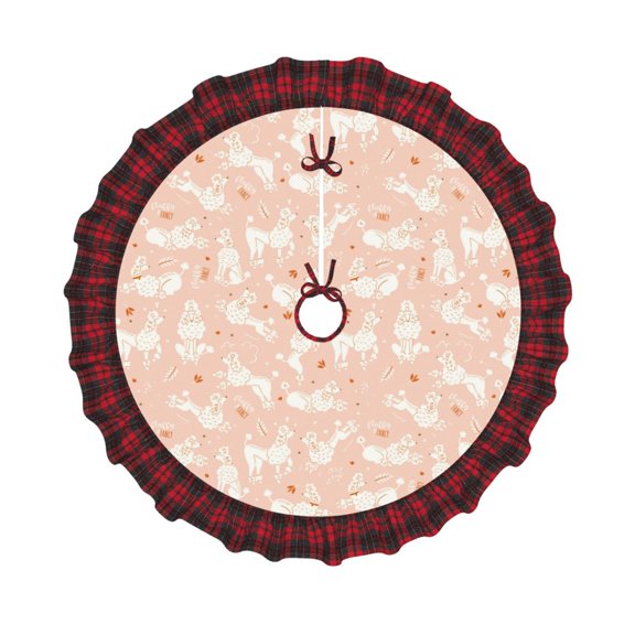 Honeii Cute Poodle Dog Pattern Christmas Tree Skirt, Christmas Ribbon Holly Winter Holiday Tree Mat Decoration-30"