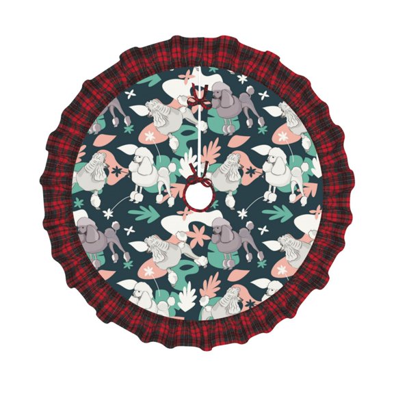 Honeii Cute Poodle Dog Pattern Christmas Tree Skirt, Christmas Ribbon Holly Winter Holiday Tree Mat Decoration-36"