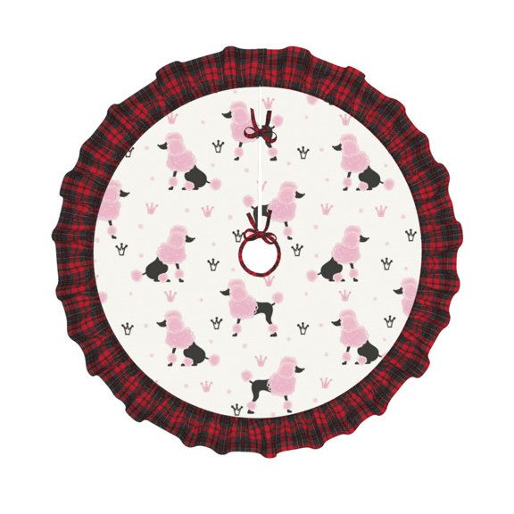 Honeii Cute Poodle Dog Pattern Christmas Tree Skirt, Christmas Ribbon Holly Winter Holiday Tree Mat Decoration-36"