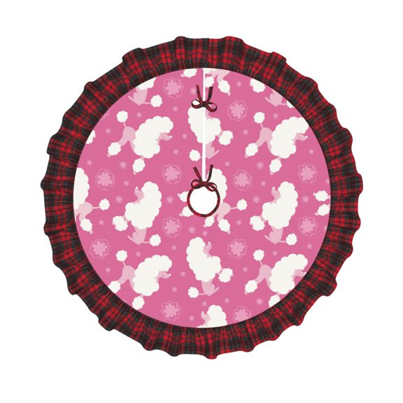 Honeii Cute Poodle Dog Pattern Christmas Tree Skirt, Christmas Ribbon Holly Winter Holiday Tree Mat Decoration-36"