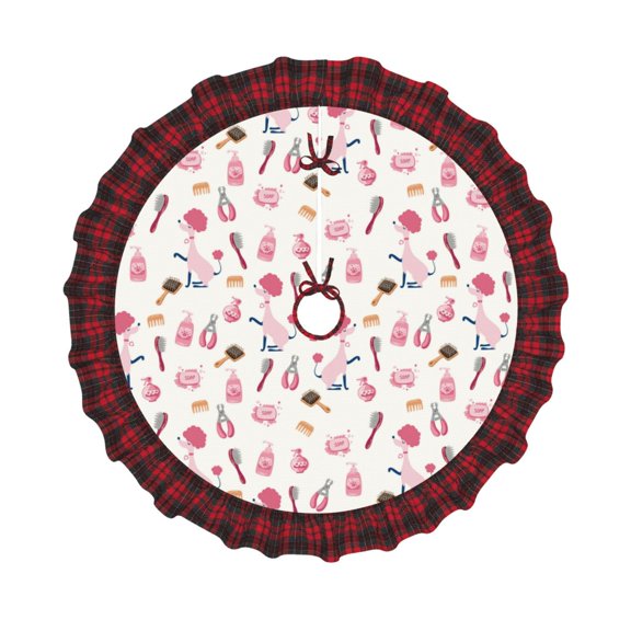 Honeii Cute Poodle Dog Pattern Christmas Tree Skirt, Christmas Ribbon Holly Winter Holiday Tree Mat Decoration-48"