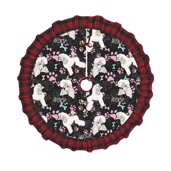 Honeii Cute Poodle Dog Pattern Christmas Tree Skirt, Christmas Ribbon Holly Winter Holiday Tree Mat Decoration-