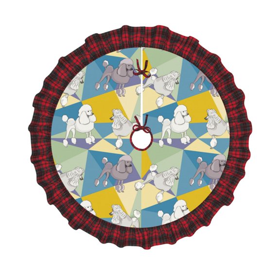 Honeii Cute Poodle Dog Pattern Christmas Tree Skirt, Christmas Ribbon Holly Winter Holiday Tree Mat Decoration-