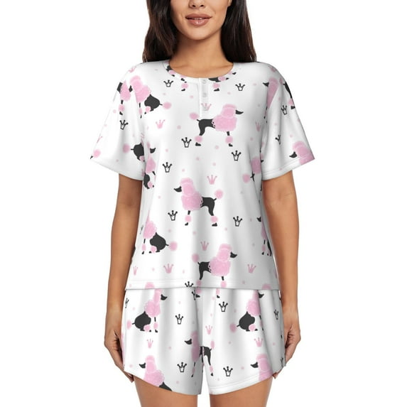 Honeii Cute Poodle Dog for Women's Summer Pajama Set featuring Soft Short Sleeve Shirt & Matching Bottoms with Convenient Pockets for Relaxed Home Wear-4X-Large
