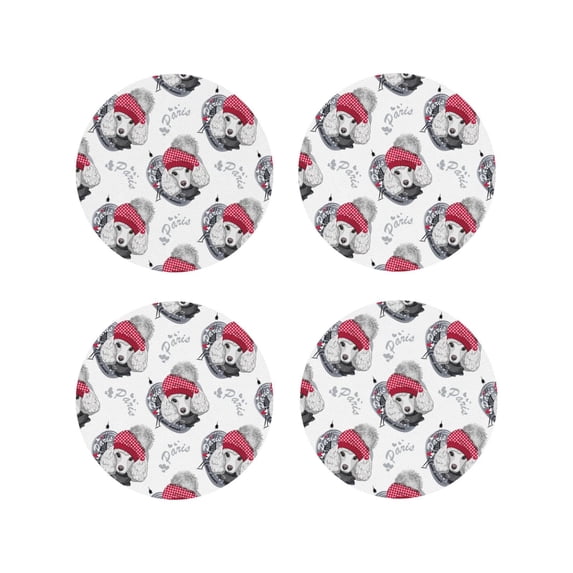 Honeii Cute Poodle Dog print Leather Coaster Set of 4, ideal for safeguarding your furniture from drinks spills and effortless cleanup-Round Shape