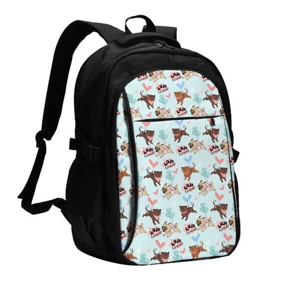 Honeii Cute Pug Dogs for Travel Laptop Backpack, Business Laptops Backpack with USB Charging Port, College High School Computer Bag for Men Women