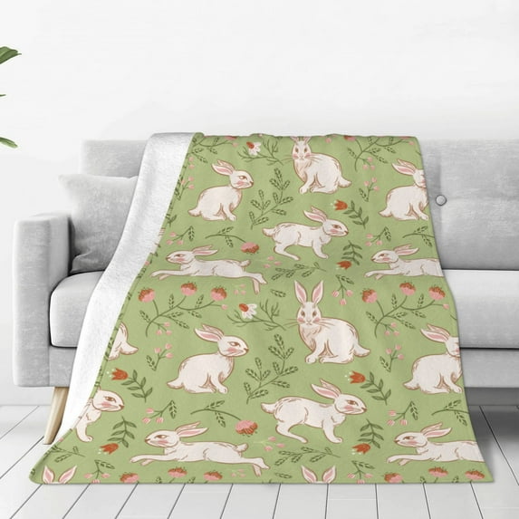 Honeii Cute Rabbit And Flower Print Fleece Blanket - Throw Blanket for Bed, Sofa, Couch, Camping, and Travel , Microplush Ultra Soft Warm Blanket-60"x50"