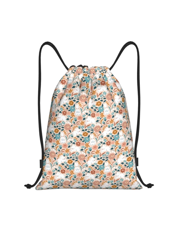 Cute Rabbit Floral Print Drawstring Backpack,Drawstring Bags String Backpack Gym Cinch Sack Backpack Sport Bag Draw-Small