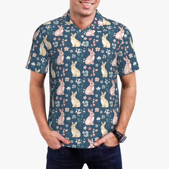 Honeii Cute Rabbit Floral print Polo Shirt, a classic short-sleeved, button-down golf shirt designed for menX-Large