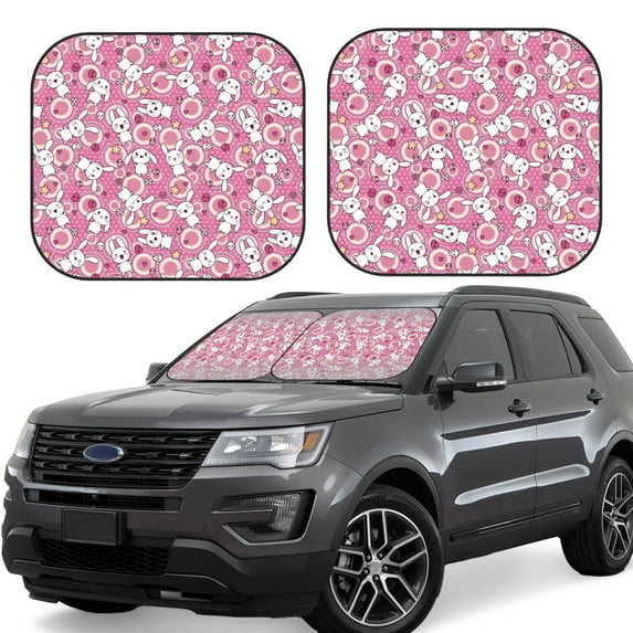 Honeii Cute Rabbit Print Foldable Car Sun Shade for Windshield, 2-Piece UV Protection Shade, Protects Car Interior, Ideal for Cars, Trucks, SUVs-Large