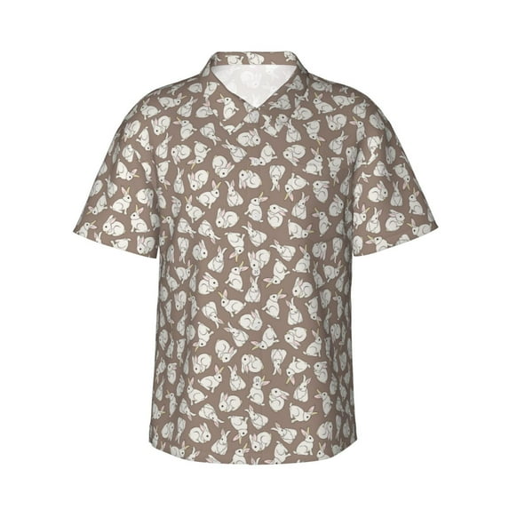 Honeii Cute Rabbit Print Men’s Hawaiian Shirt,Classic Button-Down Short Sleeve Shirt, for Beach, Vacation, and Outdoor Activities,Large