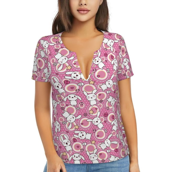 Honeii Cute Rabbit Print Women's V-Neck T-Shirt,Short Sleeve V Neck Tees Tops for Women , Perfect for Work, Travel, and Everyday Wear