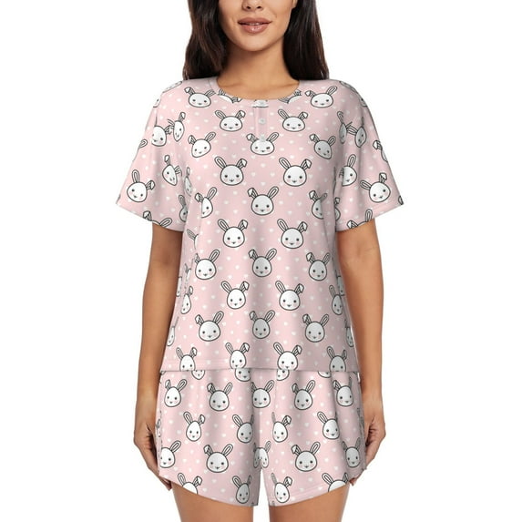 Honeii Cute Rabbit for Women's Summer Pajama Set featuring Soft Short Sleeve Shirt & Matching Bottoms with Convenient Pockets for Relaxed Home Wear-3X-Large