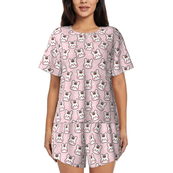 Honeii Cute Rabbit for Women's Summer Pajama Set featuring Soft Short Sleeve Shirt & Matching Bottoms with Convenient Pockets for Relaxed Home Wear-4X-Large