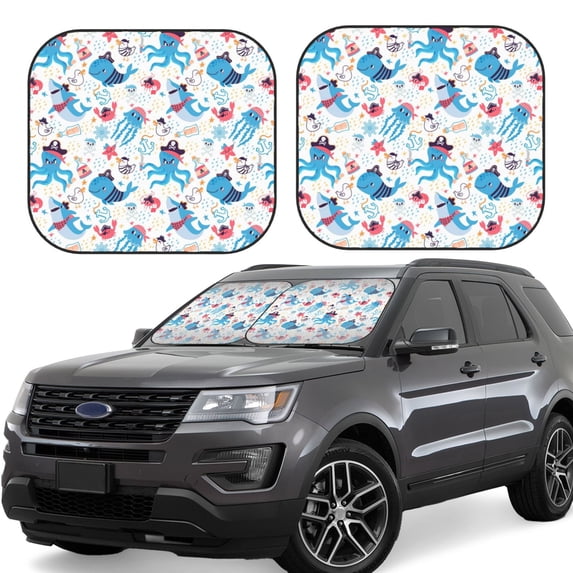 Honeii Cute Shark Print Foldable Car Sun Shade for Windshield, 2-Piece UV Protection Shade, Protects Car Interior, Ideal for Cars, Trucks, SUVs-Small