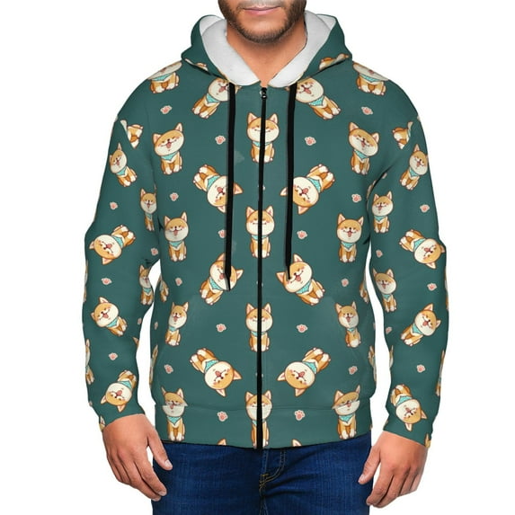 Honeii Cute Shiba Print Hoodies for Men, Pullover & Full Zip, Breathable Zip up Hoodie, Sweatshirt-3X-Large