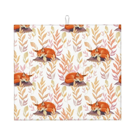 Honeii Cute Sleepy Fox for Dish Drying Mat for Kitchen Counter, Non-slip Rubber Backed, Hide Stain Kitchen Super Absorbent Draining Mat, Dish Rack Pad