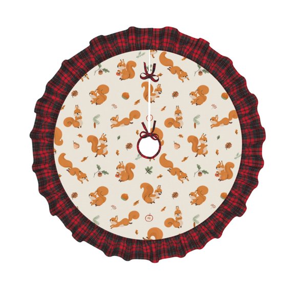Honeii Cute Squirrel Fall Pattern Christmas Tree Skirt, Christmas Ribbon Holly Winter Holiday Tree Mat Decoration-