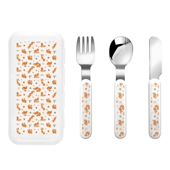 Honeii Cute Squirrel Fall Print Children's Knife, Fork And Spoon Set,Reusable Utensils Set with Case,Travel Cutlery Set,for Kids Adults Camping