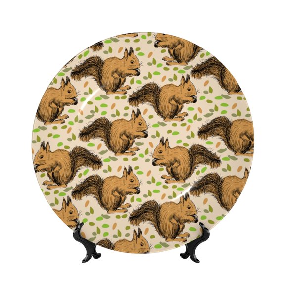 Honeii Cute Squirrel with Green Leaves Print Elegant Bone China Decorative Plate, Porcelain Plate,Art Crafts,Ceramic Ornaments for Home Office Wall Decor-10in