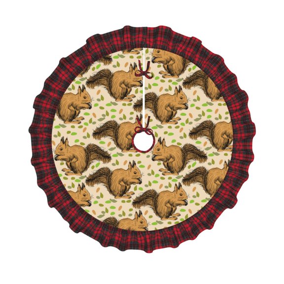 Honeii Cute Squirrel with Green Leaves Pattern Christmas Tree Skirt, Christmas Ribbon Holly Winter Holiday Tree Mat Decoration-