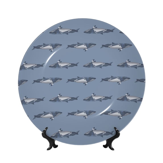 Honeii Cute Whale Print Elegant Bone China Decorative Plate, Porcelain Plate,Art Crafts,Ceramic Ornaments for Home Office Wall Decor-7in