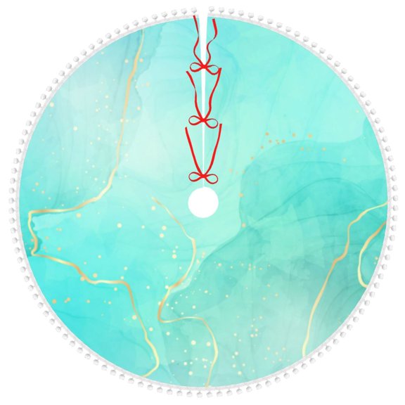 Honeii Cyan Mint Marble Print Christmas Tree Skirt with Pom Pom Tree Skirt Christmas Tree Mat Plush Xmas Tree Skirt for Decorations Holiday Party-48"
