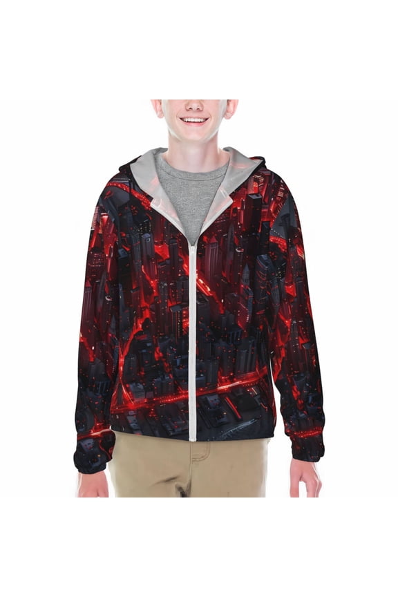 Cyberpunk Cityscape Lights Print Sun Protection Jacket Hooded Cooling Shirt with Pockets Hiking Outdoor Performance-Small