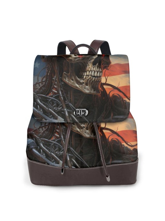 Cyberpunk Skull American Flag rint Leather Backpack,Trendy Leather Backpack,PU Leather Daypack, Ideal for Work, School, Nurse, College & Travel