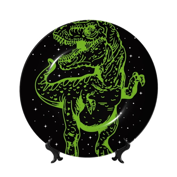Honeii DINOSAUR IN SPACE Print Elegant Bone China Decorative Plate, Porcelain Plate,Art Crafts,Ceramic Ornaments for Home Office Wall Decor-6in