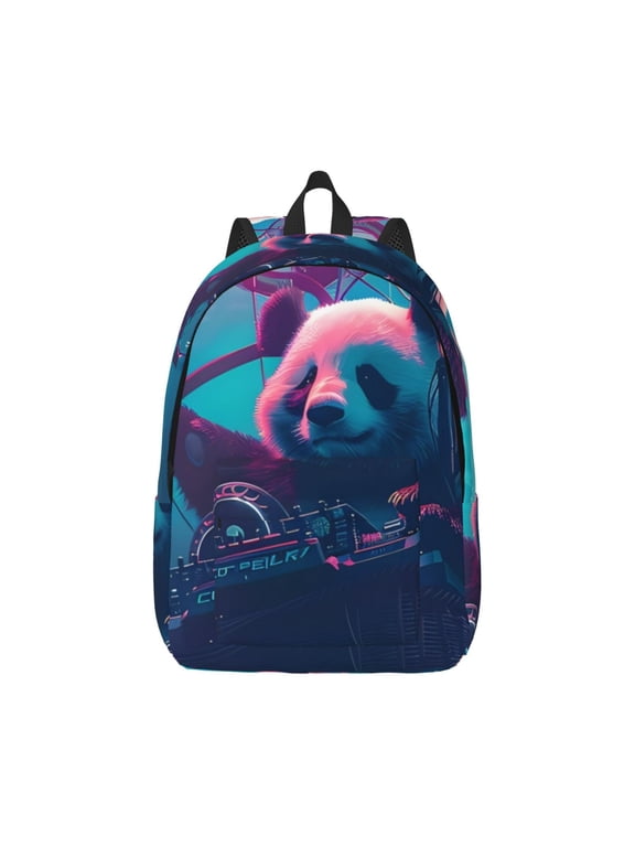 DJ Panda Hot Air Balloon Print Canvas College Laptop Backpack, Durable Rucksack Travel Notebook Bag School Backpack Book Bag for Men Women-Medium