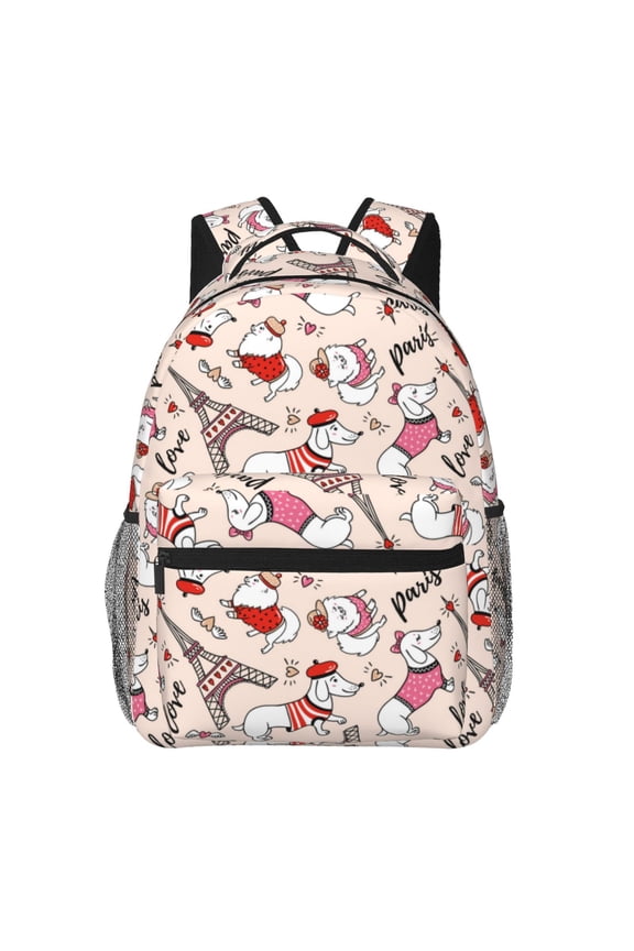 Dachshund And Eiffel Tower Print Backpack for Both Men and Women, Basic Bookbag for College, Work, or Travel,Rucksack Computer Bag-One Size