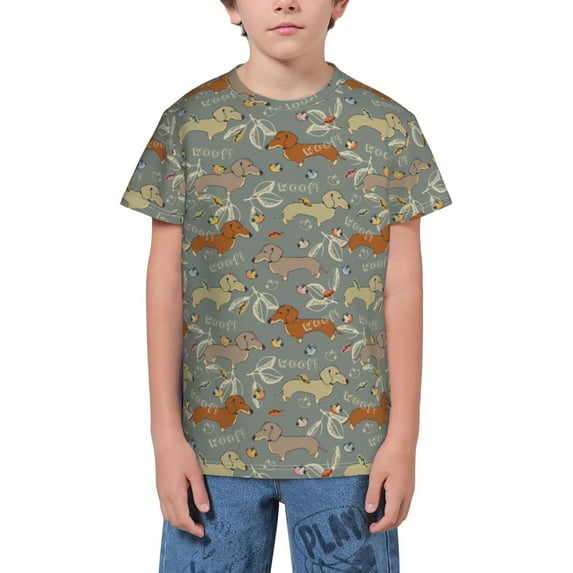 Honeii Dachshund Dog Bird Print Youth Short Sleeve T-Shirt,Boys Athletic Shirt,Quick Dry Short Sleeve Performance Moisture Wicking T Shirt