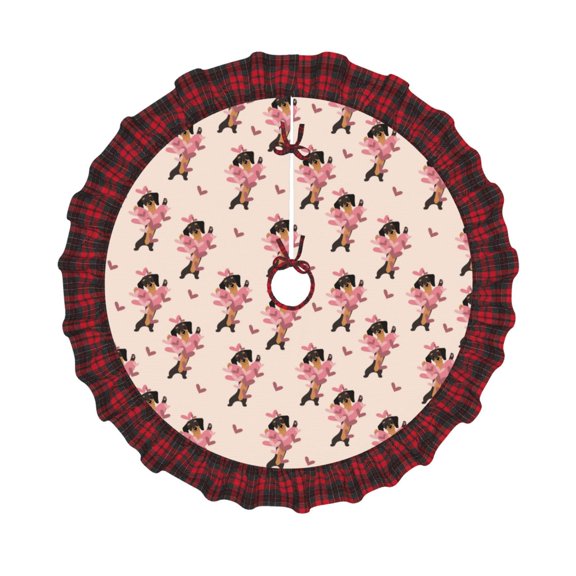 Honeii Dachshund Dog Heart Pattern Christmas Tree Skirt, Christmas Ribbon Holly Winter Holiday Tree Mat Decoration-
