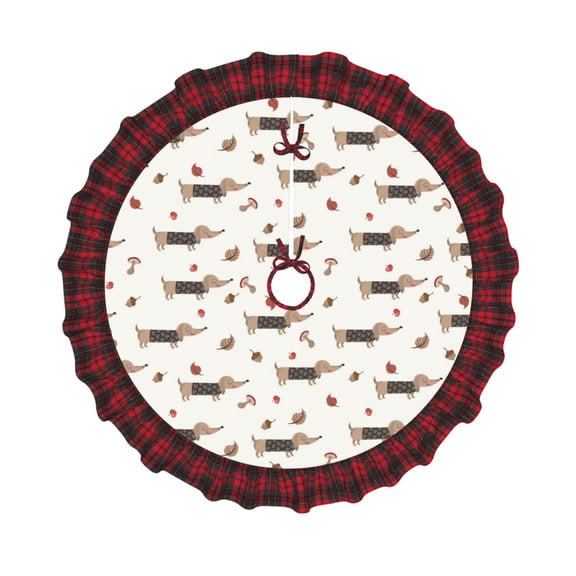Honeii Dachshund Dog Pattern Christmas Tree Skirt, Christmas Ribbon Holly Winter Holiday Tree Mat Decoration-30"