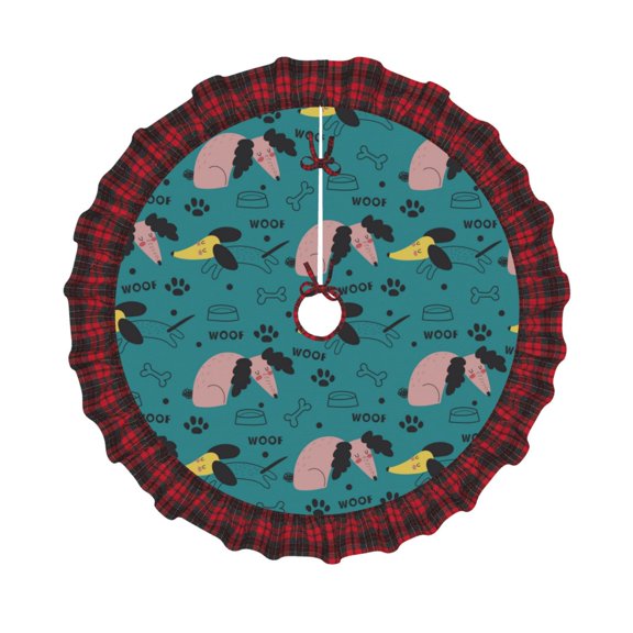 Honeii Dachshund Dog Pattern Christmas Tree Skirt, Christmas Ribbon Holly Winter Holiday Tree Mat Decoration-30"