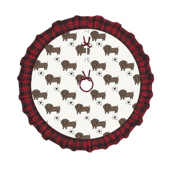 Honeii Dachshund Dog Pattern Christmas Tree Skirt, Christmas Ribbon Holly Winter Holiday Tree Mat Decoration-