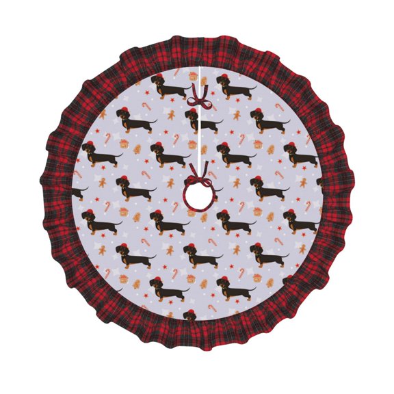 Honeii Dachshund Dog Puppy Pattern Christmas Tree Skirt, Christmas Ribbon Holly Winter Holiday Tree Mat Decoration-