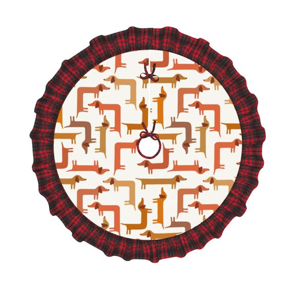 Honeii Dachshund Dog Pattern Christmas Tree Skirt, Christmas Ribbon Holly Winter Holiday Tree Mat Decoration-