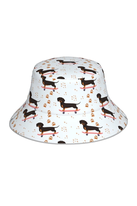 Dachshund On A Skateboard for Unisex Bucket Hat Waterproof Rain Hat Reversible Shiny Rave Bucket Hat for Concert Festival Boonie Cap