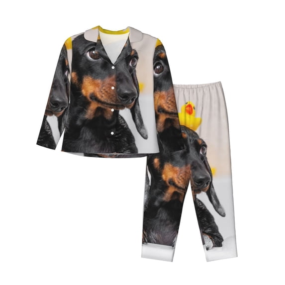Honeii Dachshund Sitting in Bathtub print Women's Pajama Sets Long Sleeve Button Down Sleepwear Nightwear Soft Pjs Lounge Sets-Large