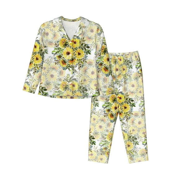 Honeii Daisies And Wildflowers print Women's Pajama Sets Long Sleeve Button Down Sleepwear Nightwear Soft Pjs Lounge Sets-X-Large