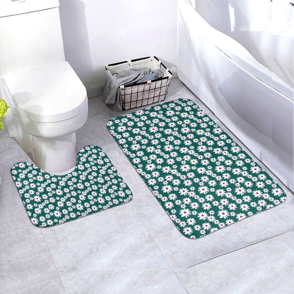 Honeii Daisies Flowers Pattern Bathroom Anti-Skid Pad Bathroom Mat Vintage Seamless Pattern Not-Slip Toilet Rug Set