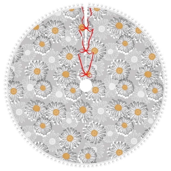 Honeii Daisies Flowers Print Christmas Tree Skirt with Pom Pom Tree Skirt Christmas Tree Mat Plush Xmas Tree Skirt for Decorations Holiday Party-30"