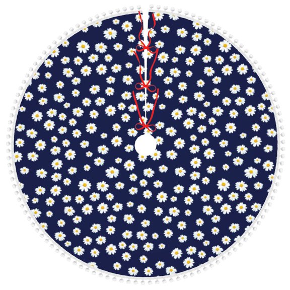 Honeii Daisies Flowers Print Christmas Tree Skirt with Pom Pom Tree Skirt Christmas Tree Mat Plush Xmas Tree Skirt for Decorations Holiday Party-30"