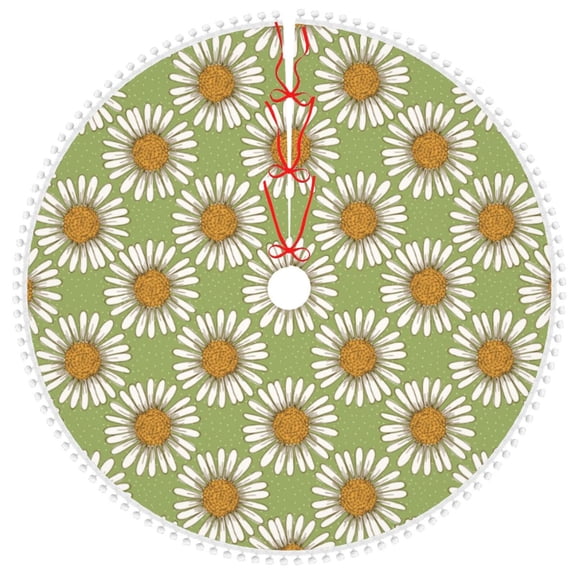 Honeii Daisies Flowers Print Christmas Tree Skirt with Pom Pom Tree Skirt Christmas Tree Mat Plush Xmas Tree Skirt for Decorations Holiday Party-30"