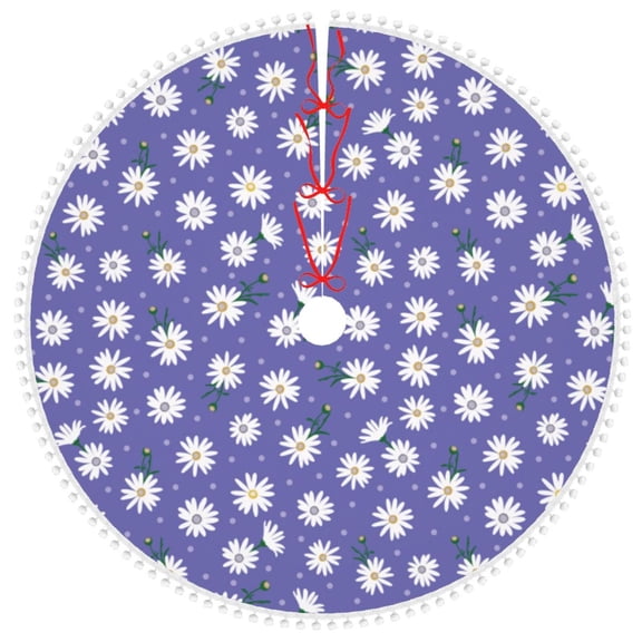 Honeii Daisies Flowers Print Christmas Tree Skirt with Pom Pom Tree Skirt Christmas Tree Mat Plush Xmas Tree Skirt for Decorations Holiday Party-30"