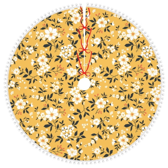 Honeii Daisies Flowers Print Christmas Tree Skirt with Pom Pom Tree Skirt Christmas Tree Mat Plush Xmas Tree Skirt for Decorations Holiday Party-30"