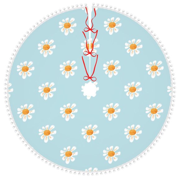 Honeii Daisies Flowers Print Christmas Tree Skirt with Pom Pom Tree Skirt Christmas Tree Mat Plush Xmas Tree Skirt for Decorations Holiday Party-30"